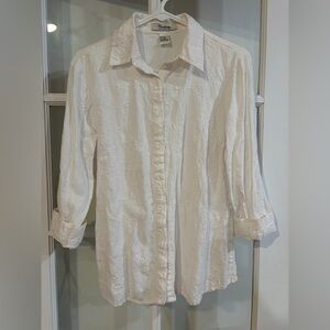 Cambridge Dry Goods Button Down Shirt Linen Floral Cottagecore White Embossed
